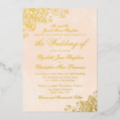 クラシックエレガンスマルリフォーマルーピーチ結婚ズ金ゴールド 箔招待状 (正面)