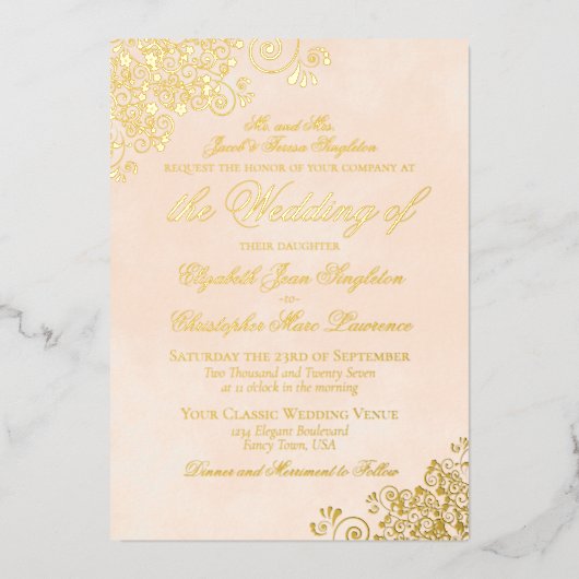 クラシックエレガンスマルリフォーマルーピーチ結婚ズ金ゴールド 箔招待状 (正面)