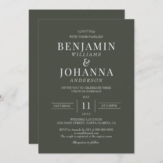 クラシックエレガントオリーブグリ結婚ーン 招待状 (正面/裏面)