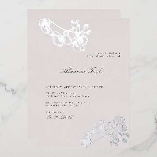 クラシックエレガントオーキッドシルバーフローラブライダルシャワー 箔招待状 (正面/裏面)