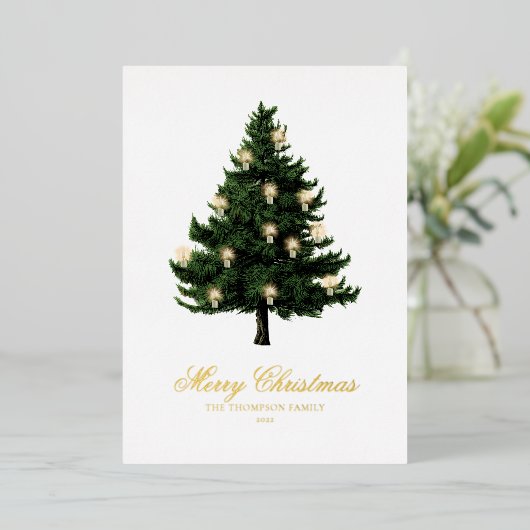 クラシックエレガントクリスマスの木とライト金ゴールド 箔シーズンカード (立ち正面)