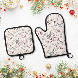 クラシックエレガントクリスマス葉とベリー 鍋つかみ&鍋敷きセット