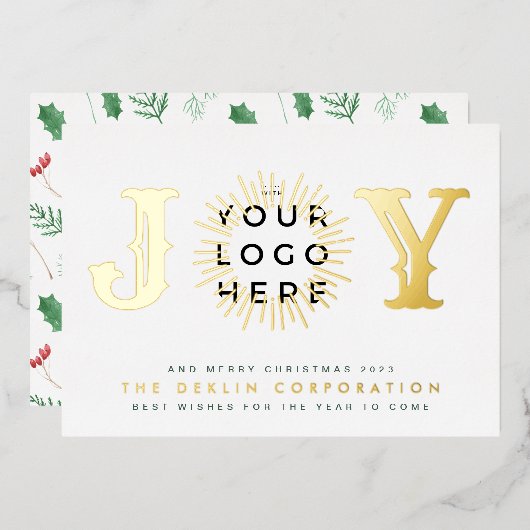 クラシックエレガントクリスマス金ゴールドJOYビジネスロゴ 箔シーズンカード (正面/裏面)