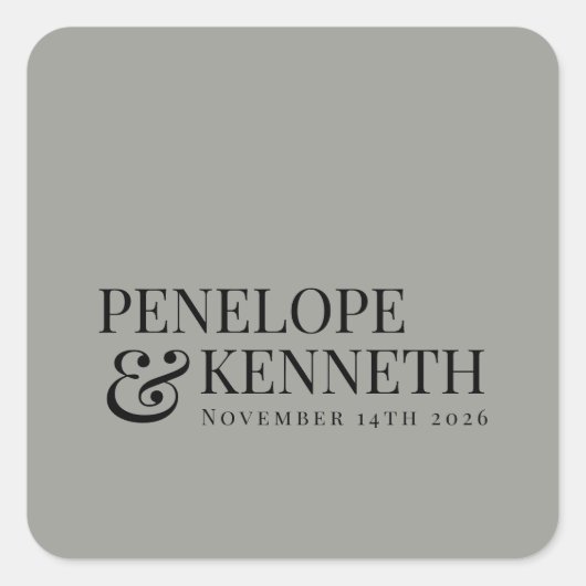 クラシックエレガントグレーのカスタム結婚式の名前 スクエアシール (正面)