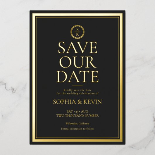 クラシックエレガントシンプル金ゴールド黒の保存日付 箔招待状 (正面)