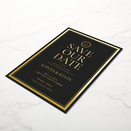 クラシックエレガントシンプル金ゴールド黒の保存日付 箔招待状 (回転した状態)