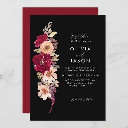 クラシックエレガントダークフローラ結婚ズ 招待状 (正面/裏面)