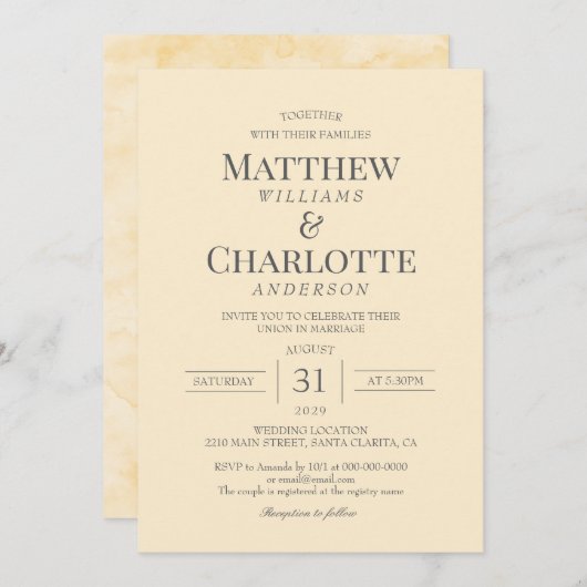 クラシックエレガントバター結婚イエロー 招待状 (正面/裏面)