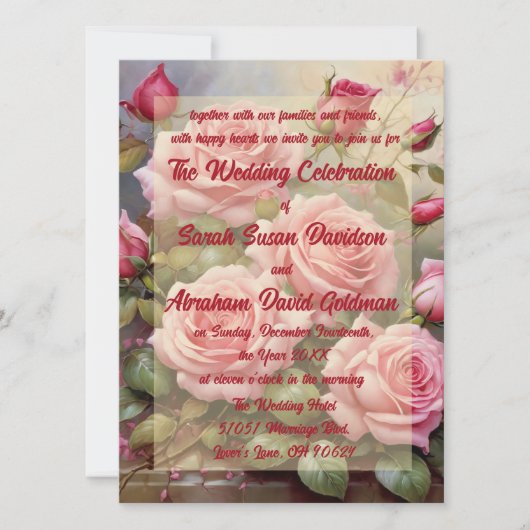 クラシックエレガントピンクローズ結婚式招待状 招待状 (正面)