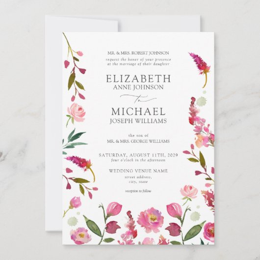 クラシックエレガントピンク水色結婚花 招待状 (正面)