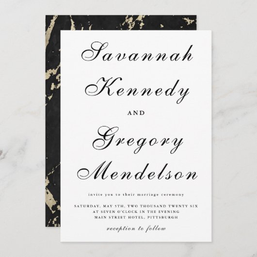クラシックエレガントフェイク金ゴールド結婚大理石 招待状 (正面/裏面)