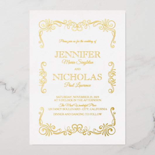 クラシックエレガントフォーマルヴィンテージ結婚デザイン 箔招待状 (正面)