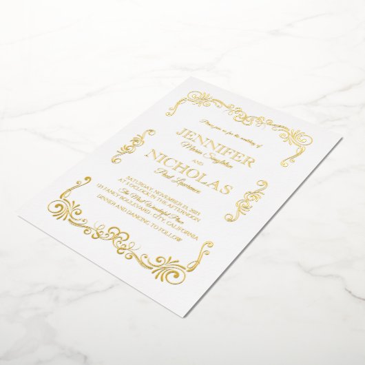 クラシックエレガントフォーマルヴィンテージ結婚デザイン 箔招待状 (回転した状態)