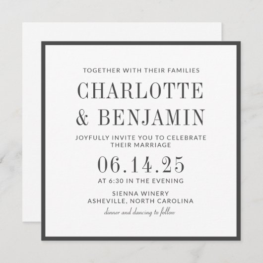 クラシックエレガントフォーマル縁ど結婚黒フレームズ 招待状 (正面/裏面)