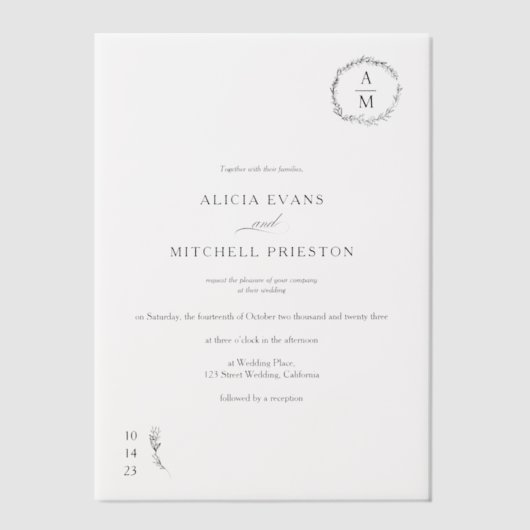 クラシックエレガントフローラモノグ結婚ラム ベラム紙招待状 (正面)