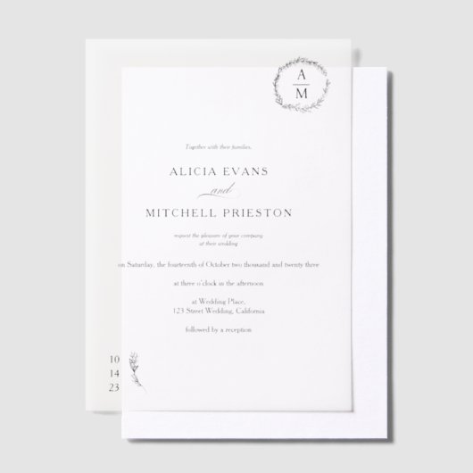 クラシックエレガントフローラモノグ結婚ラム ベラム紙招待状 (オフセット)