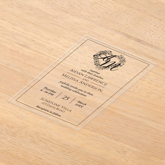 クラシックエレガントブラックミニマ結婚リスト アクリル招待状 (レイダウン)