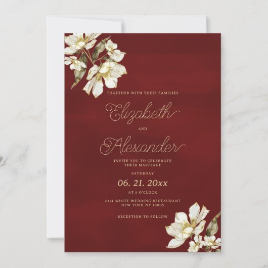 クラシックエレガントブルゴーニュの金ゴールド結婚の花 招待状 (正面)