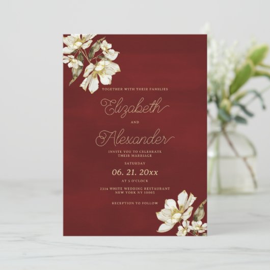 クラシックエレガントブルゴーニュの金ゴールド結婚の花 招待状 (スタンド正面)