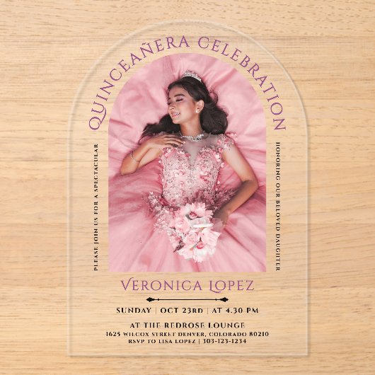 クラシックエレガントモダン女の子パープル15th Bday写真 アクリル招待状 (正面)