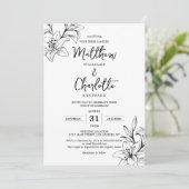 クラシックエレガントユリの花の黒と白結婚の 招待状 (スタンド正面)