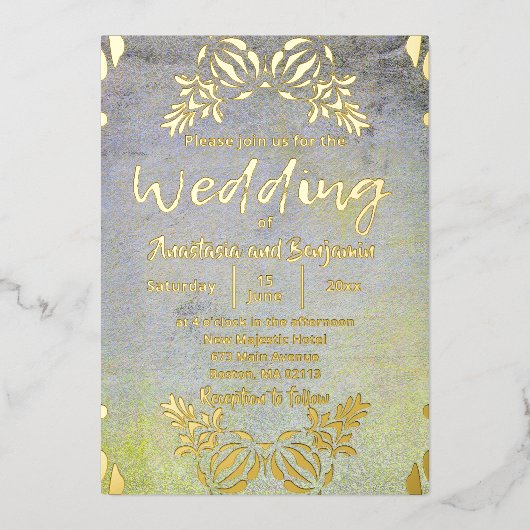 クラシックエレガントラグジュアリーバロック縁ど金ゴールド結婚ズ 箔シーズンカード (正面)