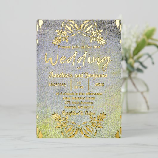 クラシックエレガントラグジュアリーバロック縁ど金ゴールド結婚ズ 箔シーズンカード (立ち正面)