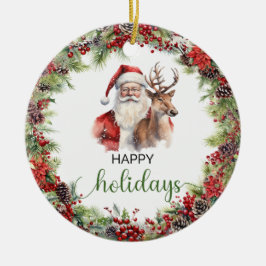 クラシックエレガントレッドとグリーンサンタのトナカイ セラミックオーナメント