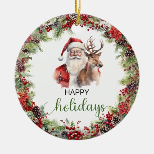 クラシックエレガントレッドとグリーンサンタのトナカイ セラミックオーナメント (正面)