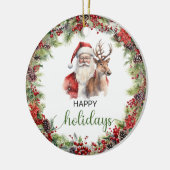 クラシックエレガントレッドとグリーンサンタのトナカイ セラミックオーナメント (左)
