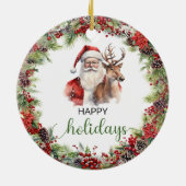 クラシックエレガントレッドとグリーンサンタのトナカイ セラミックオーナメント (裏面)