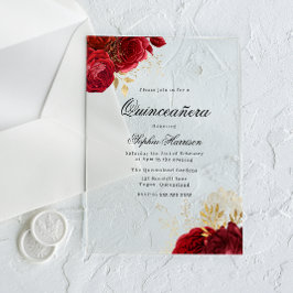 クラシックエレガントレッドローズ&金ゴールドキンセアニェラ アクリル招待状