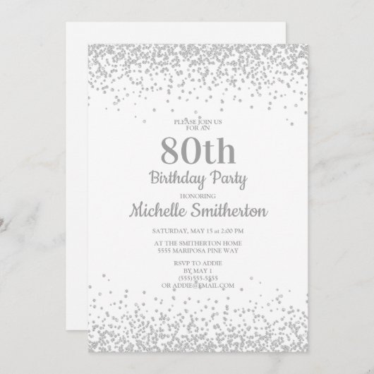 クラシックエレガント白シルバーグリッター80誕生日 招待状 (正面/裏面)
