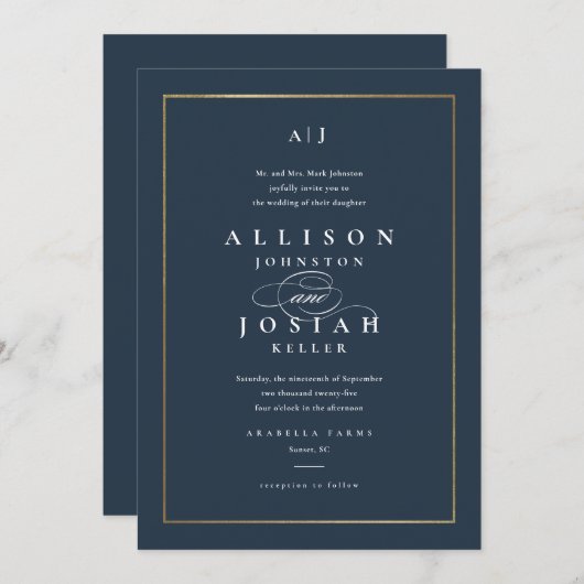 クラシックエレガント結婚金ゴールド 招待状 (正面/裏面)