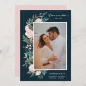 クラシックエレガント絵を描フローラ2写真 | ティールブルー セーブザデート (正面/裏面)