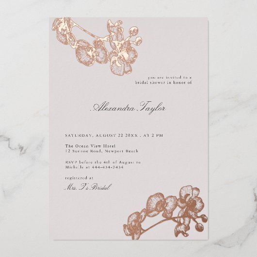 クラシックエレガント蘭金ゴールドフローラブライダルシャワー 箔招待状 (正面)