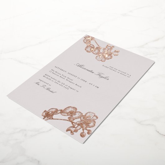 クラシックエレガント蘭金ゴールドフローラブライダルシャワー 箔招待状 (回転した状態)