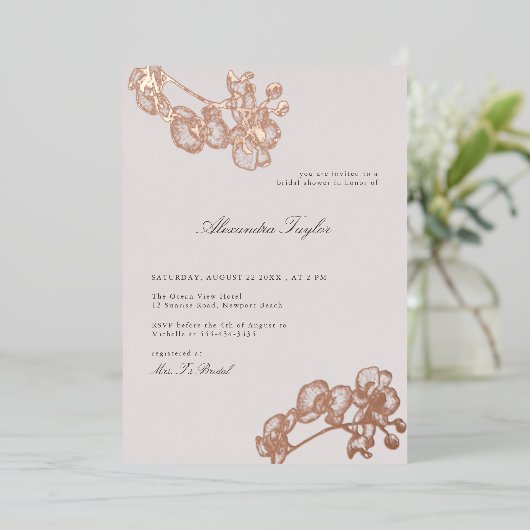クラシックエレガント蘭金ゴールドフローラブライダルシャワー 箔招待状 (立ち正面)