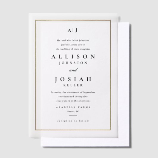 クラシックエレガント金ゴールドフォトオーバーレイ結婚ズ ベラム紙招待状 (オフセット)