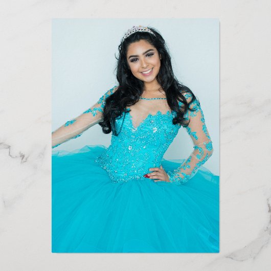 クラシックエレガント青フォトキンセアニェラ 箔招待状 (裏面)