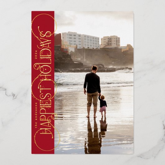 クラシックエレガント黄金の渦巻き写真HAPPIEST 箔シーズンカード (正面)