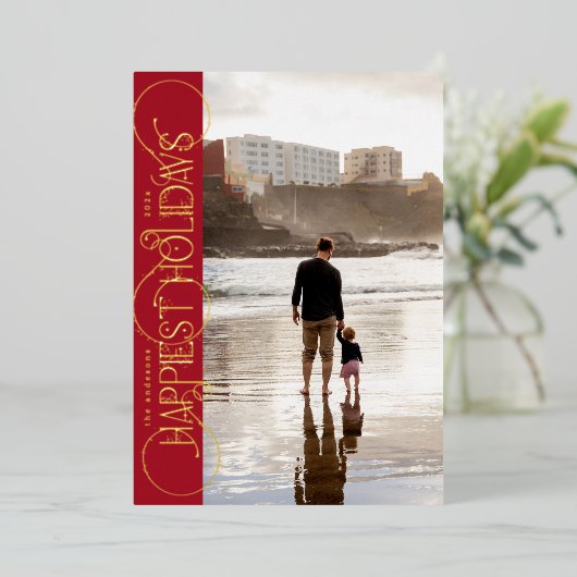 クラシックエレガント黄金の渦巻き写真HAPPIEST 箔シーズンカード (立ち正面)