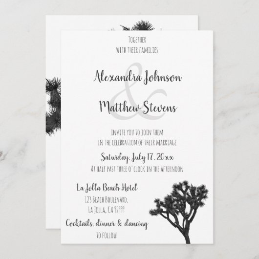 クラシックエレガントB&Wジョシュアツリーシルエット結婚ズ 招待状 (正面/裏面)