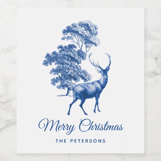 クラシックエレガントBlue Toile Deer in Forest ワインラベル (シングルラベル)