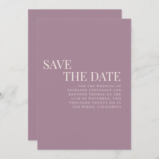 クラシックエレガントDusty Purple結婚のカップル写真 セーブザデート (正面/裏面)