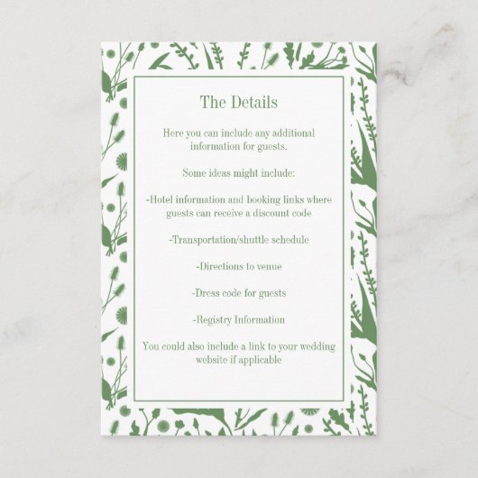クラシックエレガントSage Greenの植物学結婚科 エンクロージャーカード (正面)