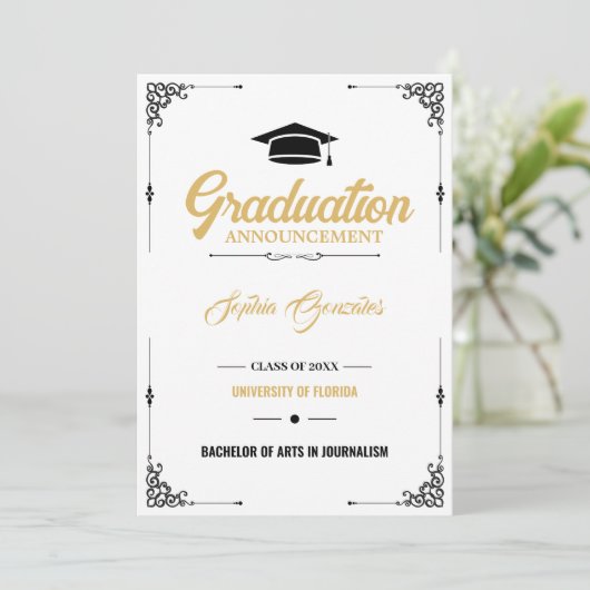 クラシックエレガントScript White Graduation 案内状 (スタンド正面)