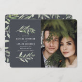 クラシックオリーブの枝の葉の写真結婚セージ 案内状 (正面/裏面)