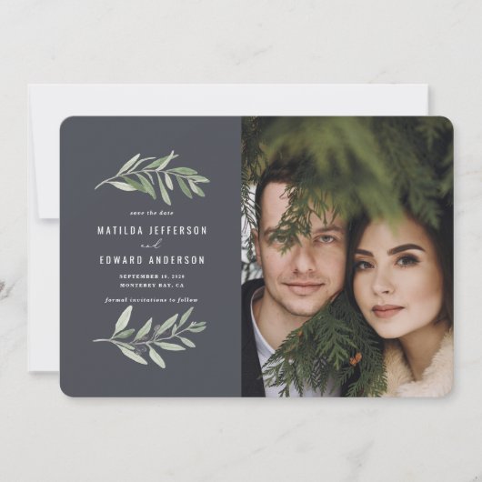クラシックオリーブの枝の葉の写真結婚セージ 案内状 (正面)