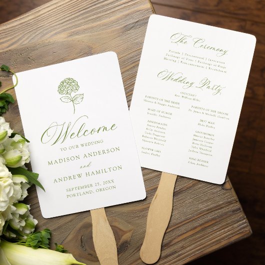 クラシックオリーブグリーンアジサイの結婚式プログラム ハンドファン